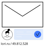 Large envelope with profile picture and notification illustration. Ideal for email alerts, social media updates, business communication, user verification, online services, messaging apps. Email notification with profile picture and confirmation check mark. Стоковая иллюстрация, агентство Ingram Publishing / Фотобанк Лори