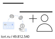 Bank card emits money toward open hand next to user icon and plus symbol. Ideal for online banking, mobile payments, financial apps, customer service, digital wallets, e-commerce, fintech services. Contactless Payment with Credit Card and Human Interaction Concept for Financial Transactions. Стоковая иллюстрация, агентство Ingram Publishing / Фотобанк Лори