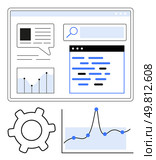 Interface elements include browser window search bar chatter box gear, graph. Ideal for web, v20 design, SEO, analytics, digital marketing, analysis, user experience. Line metaphor. Web Interface with Analytics and SEO Elements for Optimized Online Presence. Стоковая иллюстрация, агентство Ingram Publishing / Фотобанк Лори