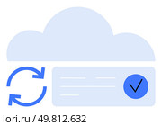 Cloud representing data storage with circular arrows indicating synchronization and a checkmark for data verification. Ideal for cloud computing, data syncing, tech support, software updates, storage. Cloud Synchronization and Data Verification Process with Blue Checkmark and Sync Arrows. Стоковая иллюстрация, агентство Ingram Publishing / Фотобанк Лори