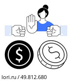 Woman making stop gesture with hand between two fists, symbolizing conflict over money represented by dollar coins. Ideal for financial management, conflict resolution, negotiation tactics, budget. Woman Making Stop Gesture to Avoid Conflict Over Money Symbolized by Dollar Coins and Fists. Стоковая иллюстрация, агентство Ingram Publishing / Фотобанк Лори