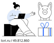 Woman sitting with laptop, gesturing to piggy bank and present box. Ideal for financial planning, savings, personal finance, gift-giving, reward systems, education online courses. Line metaphor. Woman with Laptop Pointing Towards Piggy Bank and Gift, Emphasizing Saving and Rewarding. Стоковая иллюстрация, агентство Ingram Publishing / Фотобанк Лори