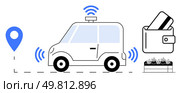 Self-driving car on a GPS-guided route, emitting sensor signals, with a digital wallet containing cards. Ideal for smart cities, technology presentations, automotive industry, transportation. Autonomous Vehicle with GPS Navigation and Digital Wallet for Contactless Payments. Стоковая иллюстрация, агентство Ingram Publishing / Фотобанк Лори