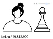 Female figure beside a chess pawn symbolizes strategic thinking. Ideal for leadership, decision-making, personal growth, management, mentorship, innovation, and problem-solving themes. Line metaphor. Strategist at Work Female Leader and Chess Pawn Representing Strategic Thinking. Стоковая иллюстрация, агентство Ingram Publishing / Фотобанк Лори