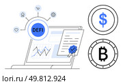 Graph on laptop screen with DEFI network, certified contract, and cryptocurrency symbols. Ideal for finance, investment, blockchain, technology, digital assets, fintech, and innovation. Line metaphor. Decentralized Finance Concept with Graph, Contract, and Cryptocurrency Icons. Стоковая иллюстрация, агентство Ingram Publishing / Фотобанк Лори