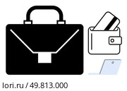 Professional briefcase, wallet with credit card, and laptop. Ideal for finance, business, corporate settings, office work, transactions professional services and digital workspaces. Line metaphor. Professional briefcase with wallet and credit card and laptop for business and financial activities. Стоковая иллюстрация, агентство Ingram Publishing / Фотобанк Лори