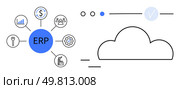 ERP icon connected to finance, HR, analytics, manufacturing, and settings symbols beside a cloud icon. Ideal for business management, cloud computing, data integration, financial planning HR. ERP Integration with Cloud Computing for Efficient Business Operations and Data Management. Стоковая иллюстрация, агентство Ingram Publishing / Фотобанк Лори