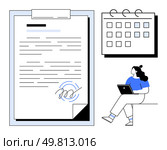 Woman using a laptop while seated, calendar with marked date, signed document with a blue background. Ideal for productivity, scheduling, time management, remote work, project planning, deadlines. Woman with Laptop Next to Calendar and Signed Document Promoting Productivity and Scheduling. Стоковая иллюстрация, агентство Ingram Publishing / Фотобанк Лори