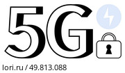 Large 5G text with adjacent lightning bolt and lock indicating power and security. Ideal for telecom, technology, internet, cybersecurity, speed, communications, and future tech. Line metaphor. 5G Technology Symbol with Lightning Bolt and Lock for Power and Security Concept. Стоковая иллюстрация, агентство Ingram Publishing / Фотобанк Лори