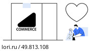 Storefront with Commerce signage, heart icon, shopper carrying bags. Ideal for retail, e-commerce, shopping, online stores, customer loyalty marketing branding. Line metaphor. E-commerce storefront with heart symbol and shopper holding bags, representing retail and consumer love. Стоковая иллюстрация, агентство Ingram Publishing / Фотобанк Лори