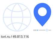 Globe symbol next to blue location pin, representing navigation and worldwide connectivity. Ideal for travel, global business, geolocation services, technology, maps, education exploration. Line. Global connectivity and navigation concept with globe and blue location pin symbols. Стоковая иллюстрация, агентство Ingram Publishing / Фотобанк Лори