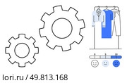 Two gears, clothing rack with hanging shirts and pants, and feedback meter with emotions scale indicating satisfaction levels. Ideal for teamwork, efficiency, process improvement, customer feedback. Conceptual gears with clothing rack and feedback meter representing mechanical and procedural efficiency. Стоковая иллюстрация, агентство Ingram Publishing / Фотобанк Лори