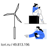 Person seated on a block with digital tablet, another pointing while holding a tablet, a wind turbine. Ideal for renewable energy, digital transformation, technology, education, teamwork, innovation. Renewable energy concepts and digital advancements joined by people using tablets and wind turbine. Стоковая иллюстрация, агентство Ingram Publishing / Фотобанк Лори