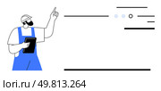 Construction worker in blue overalls holding a tablet, pointing at data lines and circles. Ideal for project planning, construction management, architectural design, data analysis, engineering. Construction Worker with Tablet Pointing at Data Visualizations and Charts. Стоковая иллюстрация, агентство Ingram Publishing / Фотобанк Лори