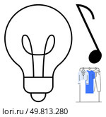Light bulb icon with filament detail, large musical note, and small clothing rack with garments. Ideal for creativity, inspiration, innovation, fashion design, music, ideas and artistic expression. Light Bulb, Musical Note, and Clothing Rack Icon Combination Suggesting Creativity and Fashion. Стоковая иллюстрация, агентство Ingram Publishing / Фотобанк Лори