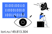 Binary code with magnifying glass, eye, bug, and woman using tablet. Ideal for tech diagnostics, software development, coding, cybersecurity, data analysis problem-solving and tech communication. Digital Analysis with Binary Code, Magnifying Glass, Bug, and Contemplative Woman Using Tablet. Стоковая иллюстрация, агентство Ingram Publishing / Фотобанк Лори