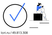 Woman sitting on a block reading a tablet, next to a large blue check mark inside a black circle. Ideal for education, productivity, success, task management, technology, digital learning. Woman Reading on Tablet Next to Large Checkmark Indicating Completion or Success. Стоковая иллюстрация, агентство Ingram Publishing / Фотобанк Лори