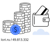 Stacks of coins, wallet with credit card emerging, and cloud icon convey financial management and savings. Ideal for budgeting, banking, e-commerce, online savings, finance apps, fintech. Stacks of coins, wallet with credit card, and cloud represent financial management and savings. Стоковая иллюстрация, агентство Ingram Publishing / Фотобанк Лори