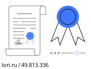 Certificate with blue ribbon and signature next to larger blue award ribbon. Ideal for education, achievement, certification, awards, validation, official recognition, success. Line metaphor. Certificate with blue ribbon and signature alongside a larger blue award ribbon. Стоковая иллюстрация, агентство Ingram Publishing / Фотобанк Лори