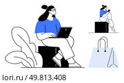 Woman using a laptop while sitting next to a plant, another woman perched on a box with a phone, and a blue shopping bag. Ideal for remote work, outdoor activities, technology, shopping, minimalism. Woman with a laptop working outdoors nearby a plant, another woman with a phone, blue shopping bag. Стоковая иллюстрация, агентство Ingram Publishing / Фотобанк Лори