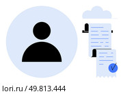 User profile symbol next to cloud-connected receipt with a verification checkmark. Ideal for online accounts, user authentication, digital transactions, cloud services, and secure billing. User Profile Management and Online Billing Verification. Стоковая иллюстрация, агентство Ingram Publishing / Фотобанк Лори
