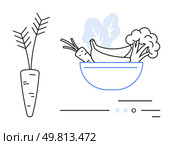 Fresh vegetables including carrots, bananas, and broccoli in a blue-outlined bowl. Carrot drawn separately. Ideal for health, diet, nutrition, food blogs, vegetarianism, organic produce, and wellness. Fresh Vegetables in a Bowl with Carrot Outline and Minimalist Design Elements. Стоковая иллюстрация, агентство Ingram Publishing / Фотобанк Лори