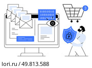 Computer monitor with emails, digital security icons, shopping cart, and a person holding a shield with a lock. Ideal for online security, cybersecurity, data protection, e-commerce safety, digital. Cybersecurity in E-Commerce Securing Emails, Data, and Online Shopping Transactions. Стоковая иллюстрация, агентство Ingram Publishing / Фотобанк Лори