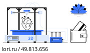 3D printer crafting a human heart, adjacent to a wallet with a card, and a lotus flower indicates technological innovation in healthcare, finance, and cleanliness. Ideal for biotechnology, digital. 3D printer creating human heart alongside wallet with card and a lotus, exploring technological advancements. Стоковая иллюстрация, агентство Ingram Publishing / Фотобанк Лори