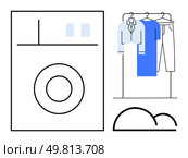 Washing machine, clothes hanging on a rack, detergent dispenser, laundry basket. Ideal for home chores, time management, cleanliness, laundry services, domestic life housework routines and energy. Modern Laundry Concept with Washing Machine, Hanging Clothes, and Laundry Detergent Elements. Стоковая иллюстрация, агентство Ingram Publishing / Фотобанк Лори