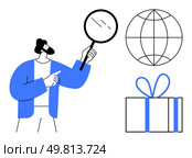 Person wearing blue holding magnifying glass, pointing towards globe and gift box. Elements convey search, global reach, and celebration. Ideal for education, business, travel, research exploration. Man Inspecting with Magnifying Glass, Globe, and Gift Box - Concepts of Exploration and Discovery. Стоковая иллюстрация, агентство Ingram Publishing / Фотобанк Лори