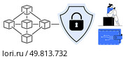 Blockchain network linking blocks, shield with lock signifies security, person using smartphone, digital wallet. Ideal for data protection, cybersecurity, digital finance, tech infrastructure. Blockchain Network Security Concept with Shield Lock, Mobile User, and Digital Wallet. Стоковая иллюстрация, агентство Ingram Publishing / Фотобанк Лори
