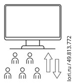 Computer monitor with five user icons underneath and up-arrow, down-arrow beside. Ideal for internet, online activity, digital communication, user interface, data exchange, remote work. Line metaphor. Computer Screen with User Icons and Bidirectional Arrows for Internet Activity and User Interaction. Стоковая иллюстрация, агентство Ingram Publishing / Фотобанк Лори