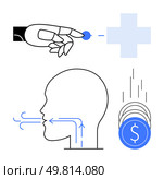 Robotic hand pointing at health icon, human head with airflow arrows, coins with dollar symbol falling. Ideal for healthcare, AI, finance, tech, medical research innovation digital solutions. Line. Robotics, breathing, healthcare, and financial elements showcasing technology integration concepts. Стоковая иллюстрация, агентство Ingram Publishing / Фотобанк Лори