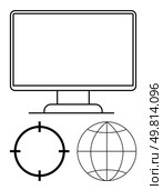 Computer monitor with target reticle and globe symbol. Ideal for technology, internet, connectivity, global communication, online services, navigation, and computer graphics. Line metaphor. Computer monitor with target reticle and globe symbol emphasizing global internet communication. Стоковая иллюстрация, агентство Ingram Publishing / Фотобанк Лори