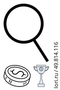 Magnifying glass, coin with dollar sign, and trophy icon. Ideal for success, achievement, wealth, business growth, performance analysis financial goals. Line metaphor. Magnifying Glass, Coin, and Trophy Representing Search, Wealth, and Success Concepts. Стоковая иллюстрация, агентство Ingram Publishing / Фотобанк Лори