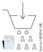 Shopping cart with a downward arrow, folder with files, and six person icons. Ideal for e-commerce, digital downloads, teamwork, document sharing, online business, project management, collaboration. Shopping Cart with Downward Arrow Represents Purchasing Files and Group Collaboration. Стоковая иллюстрация, агентство Ingram Publishing / Фотобанк Лори