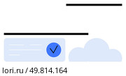 Blue checkmark inside a dotted box, one cloud shape, and three horizontal black lines. Ideal for branding, web design, interface icon, task completion, cloud services, business themes simplistic. Minimalistic Design with Checkmark and Cloud Elements in Blue and Black Tones. Стоковая иллюстрация, агентство Ingram Publishing / Фотобанк Лори
