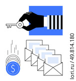 Hand holding key with four open envelopes and falling coins. Ideal for email security, financial transactions, protection, online payment, business, communication, digital marketing. Line metaphor. Hand holding key with open envelopes and falling coins depicting email security and financial safety. Стоковая иллюстрация, агентство Ingram Publishing / Фотобанк Лори