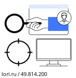 Magnifying glass held over browser window with user profile, a computer monitor, and a targeting reticle. Ideal for recruitment, talent search, online screening, human resources, job applications. Online Recruitment Process with Magnifying Glass and User Profile Identification Tools. Стоковая иллюстрация, агентство Ingram Publishing / Фотобанк Лори