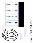 Data servers storing information, dollar coin below, and up and down arrows. Ideal for finance, data storage, technology, transactions, business analysis online banking and cloud computing. Line. Data Servers and Dollar Coin with Up and Down Arrows Representing Financial Transactions. Стоковая иллюстрация, агентство Ingram Publishing / Фотобанк Лори