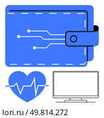 Digital wallet with circuit pathway, heartbeat heart, and computer monitor, symbolizing the convergence of finance, technology, and health. Ideal for fintech, healthcare, digital transformation. Digital Wallet with Circuitry, Heartbeat Heart, and Monitor Highlighting Modern Tech. Стоковая иллюстрация, агентство Ingram Publishing / Фотобанк Лори