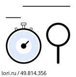 Stopwatch with partial blue center and magnifying glass representing precision and scrutiny. Ideal for time, organization, research, focus, analysis, efficiency, study. Line metaphor. Stopwatch and Magnifying Glass - Symbols of Time Management and Attention to Detail. Стоковая иллюстрация, агентство Ingram Publishing / Фотобанк Лори