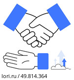Handshake, open hand and upward arrows. Ideal for partnership, collaboration, trust, agreement, support, opportunity growth Line metaphor. Handshake Symbol of Agreement and Open Hand with Upward Arrows Representing Growth and Support. Стоковая иллюстрация, агентство Ingram Publishing / Фотобанк Лори