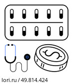 Pills in blister pack, stethoscope, and coin with dollar sign highlight medical costs. Ideal for healthcare finance, insurance, pharmacy, treatment, health policy, medical consultation research. Medical Costs Pills, Stethoscope, and Coin Illustrating Healthcare Expenses. Стоковая иллюстрация, агентство Ingram Publishing / Фотобанк Лори