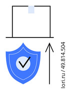 Laptop with a blue shield featuring a checkmark, and an upward arrow. Ideal for technology security, data protection, cybersecurity, online safety, software updates, threat protection, IT services. Laptop Protection Concept with Blue Shield and Checkmark Highlighting Security Improvement. Стоковая иллюстрация, агентство Ingram Publishing / Фотобанк Лори