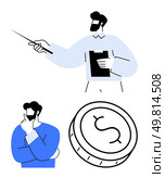 Businessman with pointer and clipboard, thoughtful professional, and dollar coin symbolize finance topics and strategies. Ideal for financial planning, education, consulting, presentations, economic. Businessman Presenting Data, Thinking Professional, and Dollar Coin Representation for Financial Concept. Стоковая иллюстрация, агентство Ingram Publishing / Фотобанк Лори