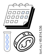 Calendar page, DNA strand in test tube, and coin with dollar sign. Ideal for finance, biotechnology, investment, scheduling, research planning healthcare. Line metaphor. Calendar, DNA Test Tube, and Coin with Dollar Sign Representing Scheduled Financial Investment in Biotechnology. Стоковая иллюстрация, агентство Ingram Publishing / Фотобанк Лори
