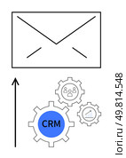 Envelope connected gears with CRM icon and graphs. Ideal for marketing CRM, communication, automation, engagement, business, digital strategies. Arrow suggests progress. Line metaphor. Integrating CRM Systems with Email Marketing for Enhanced Customer Engagement. Стоковая иллюстрация, агентство Ingram Publishing / Фотобанк Лори