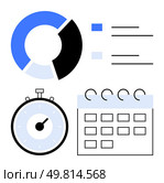 Pie chart with segmented sections, stopwatch showing elapsed time, calendar with date boxes, and horizontal bar indicators. Ideal for business analytics, productivity, time management, project. Business Analytics with Pie Chart, Stopwatch, and Calendar for Performance and Time Management. Стоковая иллюстрация, агентство Ingram Publishing / Фотобанк Лори
