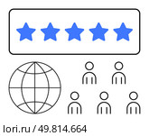 Five blue stars in a rectangular box, globe outline, and six people icons. Ideal for customer feedback, global reviews, audience engagement, online ratings, user satisfaction, business performance. Customer Satisfaction Global Rating Concept with Five Stars and People Icons. Стоковая иллюстрация, агентство Ingram Publishing / Фотобанк Лори